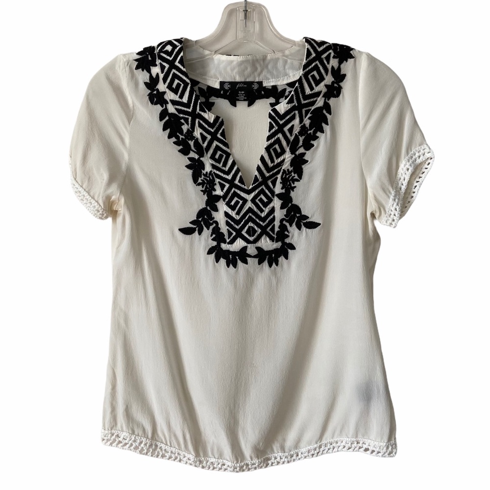 Anthropologie filtre Women's Silk Embroidered White Top Small